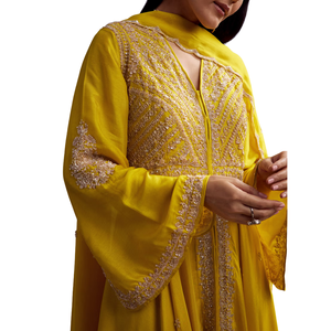 Costume Palazzo en soie russe jaune avec coupe Dana et paillettes travail en gros femmes vêtements ethniques fournisseur d'usine OEM costume personnalisé - Product Image 4