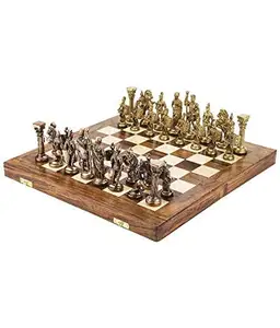 Ensemble de chees en laiton d'art romain (16x16) avec échiquier en bois pliant sculpté en laiton revêtu de cuivre pour cadeau