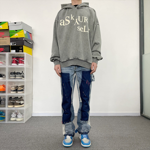 กางเกงเปลวไฟวินเทจเรียกางเกงผู้ชายสีสเปรย์เคลือบด้วยผ้าเดนิมสีตัดกัน - Product Image 3