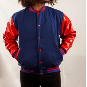 แจ็คเก็ตหนังผู้ชายแบบมีฮู้ด รุ่นปี 2025 สีกรมท่าแดง สไตล์ Letterman แฟชั่นวินเทจ คอตั้ง ปักโลโก้ด้านหน้า กันลม - Product Image 1