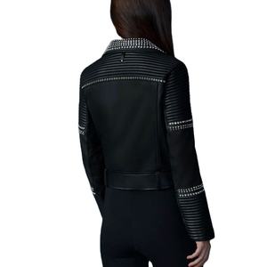 Veste en cuir véritable slim fit style motard avec clous métalliques, noire, style punk, pour homme/femme - Product Image 2