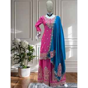 Kurta Plazzo de seda de gasa festiva moderna con codificación de secuencia bordada Ropa de boda de fiesta de secado rápido Dupatta incluida - Product Image 1
