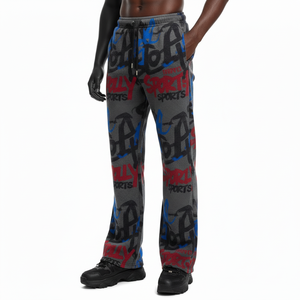 <b>Men</b> Flare Pant Premium Polyester Cotton Fleece 280 GSM Soft Grey <b>Red</b> Blue All Over Print Custom Screen Logo <b>Men's</b> Pant - Product Image 4