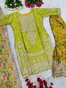 NOUVEAU DESIGNER HEAVY PAKISTANI SHARARA SUIT SET PARTY WEAR DRESS FESTIVAL WEAR AVEC BELLE CHINON SOIE TISSU SEQUENCE WORK - Product Image 2