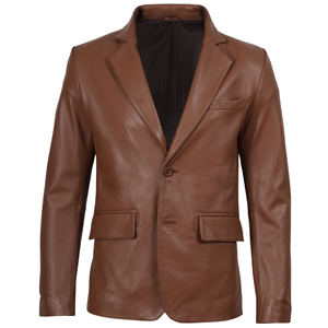 <b>Men</b>’s Cognac <b>Leather</b> <b>Blazer</b> Jacket Notch Lapel Two Button Slim Fit Coat - Product Image 1