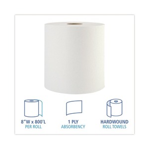 Boardwalk 8 In. X 800 Ft. 1-Ply Hardwound <b>Paper</b> Towels-White (6/Carton) Disposable <b>Kitchen</b> Roll 6 Pack - Product Image 3