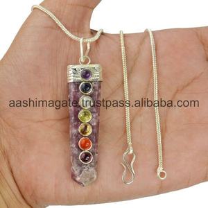 Lapidolite 7 Chakra Perle Pendentif Argent Agate Polie et Pierre Naturelle Chaîne Guérison Quartz Cristal Bijoux Pendentif - Product Image 2