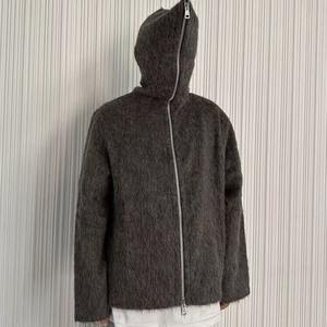 Haute qualité laine tricoté hommes fermeture éclair Mohair à capuche vêtements d'hiver fermeture éclair décontracté Logo personnalisé solide gris Mohair à capuche pour hommes - Product Image 5