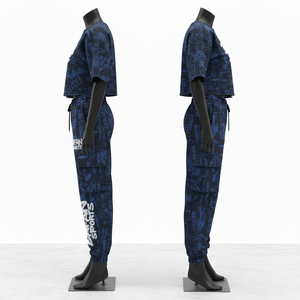 ชุดเซ็ตเสื้อครอปและกางเกงขายาวผ้าฟลีซคอตตอนโพลีเอสเตอร์เนื้อหนัก 280 GSM สีน้ำเงินกรมท่า สำหรับผู้หญิง พร้อมสกรีนโลโก้ตามสั่ง - Product Image 3