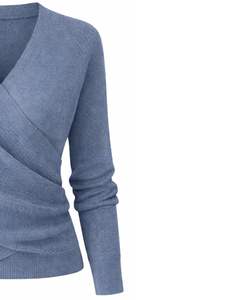Suéter de Punto Estilo Envolvente Azul Acero para Mujer, Manga Larga, Cuello en V, Suave, Informal, Top de Invierno, Elegante, Moda Femenina, Jersey para Uso Diario - Product Image 4