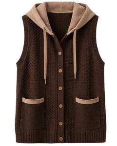 Custom Coffee Brown Hooded Knitted <b>Sweater</b> <b>Vest</b> Wool Acrylic Button Front Sleeveless Winter Cardigan With Contrast Pockets OEM - Product Image 1