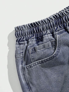 Pantalones cortos de mezclilla azul gris informal joven con cordón de bolsillo profundo para hombres cómodos pantalones cortos tejidos de algodón 100% Tipo de cintura media - Product Image 2