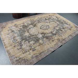 Alfombra turca vintage 5'8 \ "X 9 'Beige gris hecho a mano estilo bohemio lana con respaldo de látex para cabecera patrón de retales rectangulares - Product Image 2