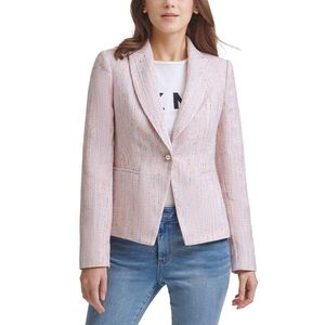 Blazer DKNY monopetto in tweed rosa con perle finte, taglia 16, doppiopetto, in lana, lavorato a maglia, chiusura a tessitura, tinta unita, corto - Product Image 1