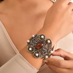 925 Sterling <b>Silver</b> Antique Byzantine <b>Cuff</b> <b>Bracelet</b> with Pearl and Tiger Eye Stone Fashionable and Elegant - Product Image 1