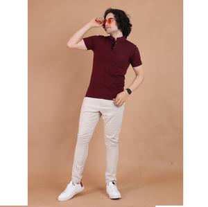 Camiseta de media manga con cuello mandarín granate de la mejor calidad para hombre, ropa cómoda de uso diario para ocasiones informales y semiformales - Product Image 1