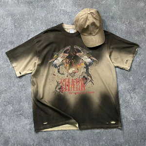 T-shirt col rond design vintage pour hommes en gros 230g coton surdimensionné 100% tissu tricoté à manches courtes - Product Image 1