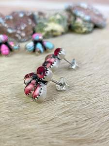 Boucles d'oreilles en argent sterling fait à la main rouge rose dahlia barbe à papa turquoise bijoux en pierres précieuses florales - Product Image 5