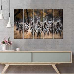 Elegante decoración de lienzo con estampado de cebra: arte salvaje impreso para el hogar, 5 piezas: estirado sobre lienzo - Product Image 1