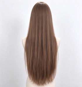Peluca de Cabello Humano 100%, Larga y Lisa, Color Castaño Claro, Aspecto Natural, con Raya al Medio, Peluca de Moda para Mujer - Product Image 3