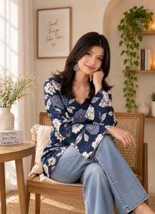 Robe longue à manches longues et col en V pour femme, imprimé floral bleu, en rayonne tissée, style décontracté et ethnique, coupe courte Kurti pour femme, taille ajustée aux hanches - Product Image 3