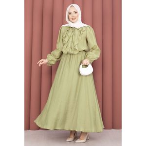 Casual Muslim Outfit Set Ruffled Long Sleeve Olive Green Skirt Print Pattern Breathable Prairie Chic Modal Fabric Adult Women's - Product Image 5