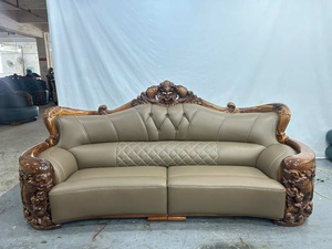 Sofá de cuero genuino con respaldo capitoné y brazos enrollados para sala de estar, juego de sofás de cuero con respaldo capitoné y brazos enrollados - Product Image 2