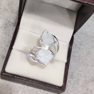 Joyería de piedra en bruto, anillo para mujer, piedra lunar arcoíris Natural, piedra preciosa en bruto, piedra natal de junio, joyería de 2 piedras, anillo de Plata de Ley 925 - Product Image 3