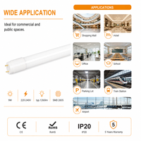 Tube LED T8 commercial 9W 6000K CRI80 IP20 en verre, 220 degrés, 140 lm par W, pour bureaux, écoles, centres commerciaux