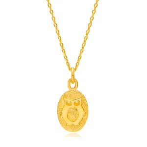 Owl Design 22K Gold Plated Oval Plain Charm Necklace Turkish Handmade Wholesale Pendant 925 Sterling Silver Jewelry