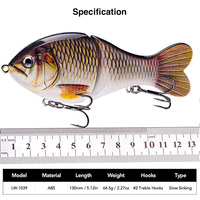 Leurre de pêche articulé réaliste Bluegill Bass 130mm 64.5g, coulant lentement, type GlideBait, leurre dur multi-articulations en ABS pour la pêche au Black-bass
