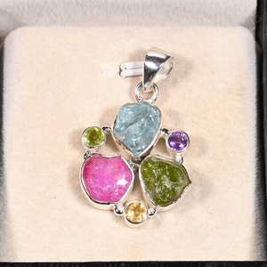 Raw Multi Stone Pendant <b>Necklace</b> Uncut Gemstones Aquamarine Ruby <b>Peridot</b> Vintage Silver Dainty Jewelry Gift - Product Image 4