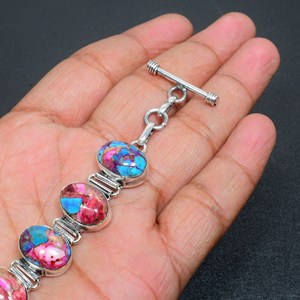 Pulsera Boho de Plata de Ley 925 Hecha a Mano con Gema Natural de Ostra Espinosa Rosa King Man de Art Palace y Engaste de Bisel Vintage - Product Image 4