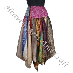 DS022 Jupe assortie de danse tribale urbaine Patch Jupe courte en soie de travail Motif Short Wide Flare Silk Boho Hippie Taille élastique - Product Image 1