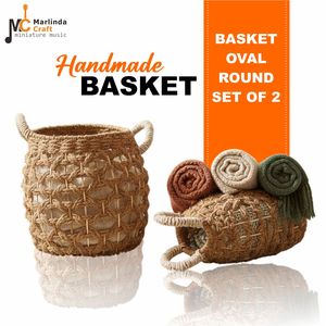 Juego de 2 Cestas Ovaladas Redondas de Fibra de Corteza de Árbol de Plátano, Artesanía - Product Image 1