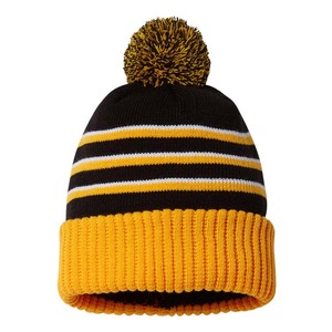 Gorro de Punto Personalizado con Logotipo Bordado, de Poliéster/Algodón, con Rayas Naranjas, Unisex, para Esquí y Snowboard, con Pompón en el Borde - Product Image 1