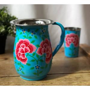 Carafe en émail en acier inoxydable écologique vintage, peinte à la main, bleu ciel floral, 1 L, cadeau pour une nouvelle cuisine - Product Image 6
