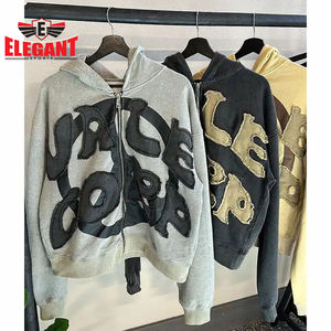 No Pocket Zip Up Style Blank Over Sized Patch Printing Acid Washed Distressed Embroidery Hoodie By ELEGANT SPORTS - Product Image 2