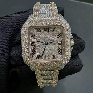 Boîtier en acier inoxydable argenté carré de qualité supérieure, mouvements suisses, diamants en moissanite, entièrement serti, mécanique personnalisé, date, style hip-hop - Product Image 1