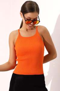 Women's Orange Rib Knit Sleeveless <b>Cami</b> <b>Top</b> O-Neck Casual Solid Color Breathable Stretch Fit Summer Wear - Product Image 2