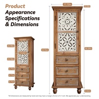 Meuble de rangement rustique en bois marron à trois tiroirs, design américain, avec découpes décoratives, étroit et haut, pour salon