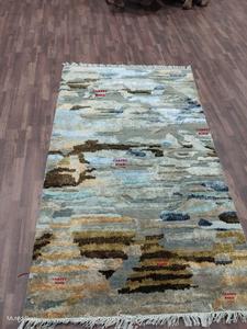 Texture Modern Abstract Hand Knotted Wool / Silk Rug, Blue Beige Green Area <b>Carpet</b>, Contemporary High Low Pile Living Room Rug - Product Image 5