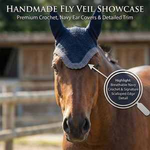 Voile anti-mouches bleu en crochet pour cheval, cache-oreilles noirs avec bordure grise, faits main, rembourrés, de haute qualité, bonnet équestre pour l'équitation et l'entraînement - Product Image 4