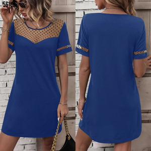 Vestido de Crepé de Manga Corta con Escote Corazón y Detalle de Tul en el Busto para Mujer, 38179 - Azul - Product Image 4