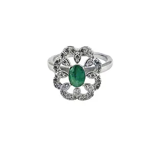 Anillo Ajustable de Plata con Diseño Floral y Esmeralda para Mujer, Chapado en Oro de 18K y Rodio, Estilo Incrustado Moderno y a la Moda, Regalo - Product Image 1