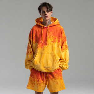 Drop Shoulder Tie Dye Sublimación Hood Top Jogger Set Hombres Invierno Drop Shoulder Hoodie Acid Wash Baggy Jogger Shorts Set Hombres - Product Image 1
