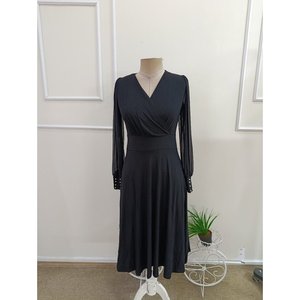 Robe mi-longue en viscose pour femme, à manches longues, col enroulé, avec détails de manches en tulle et embellissements en perles, 37461 - Noir - Product Image 4