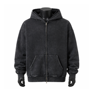 Sudadera con capucha vintage para hombre, con cremallera completa, de forro polar grueso, estilo oversize, con lavado ácido, estilo streetwear, lisa - Product Image 1