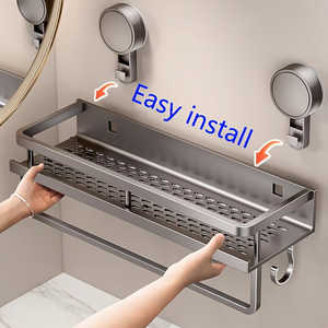 1 unidad de estante de ducha flotante de alta resistencia con acabado pulido, con ventosas, montaje en pared antirrobo con ganchos para toallas, para montaje en esquina - Product Image 2