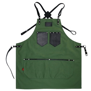 Green Denim Barber <b>Apron</b> with Leather Straps and Pockets Professional Hair Cutting Salon <b>Work</b> <b>Apron</b> Durable - Product Image 1